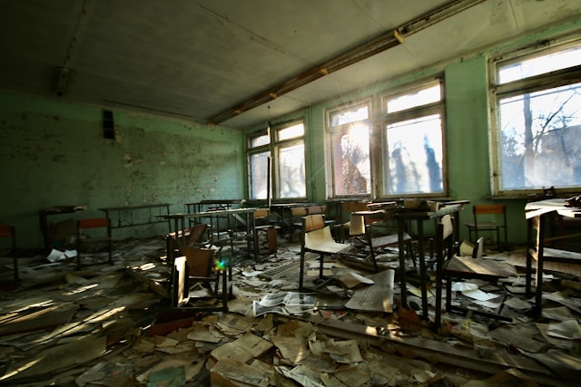 "Students in a classroom affected by conflict"